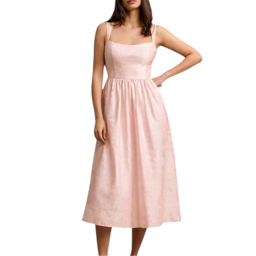 NWT BHLDN Poppy Square Neck Satin Jacquard Midi Dress Blush Pink Size 14